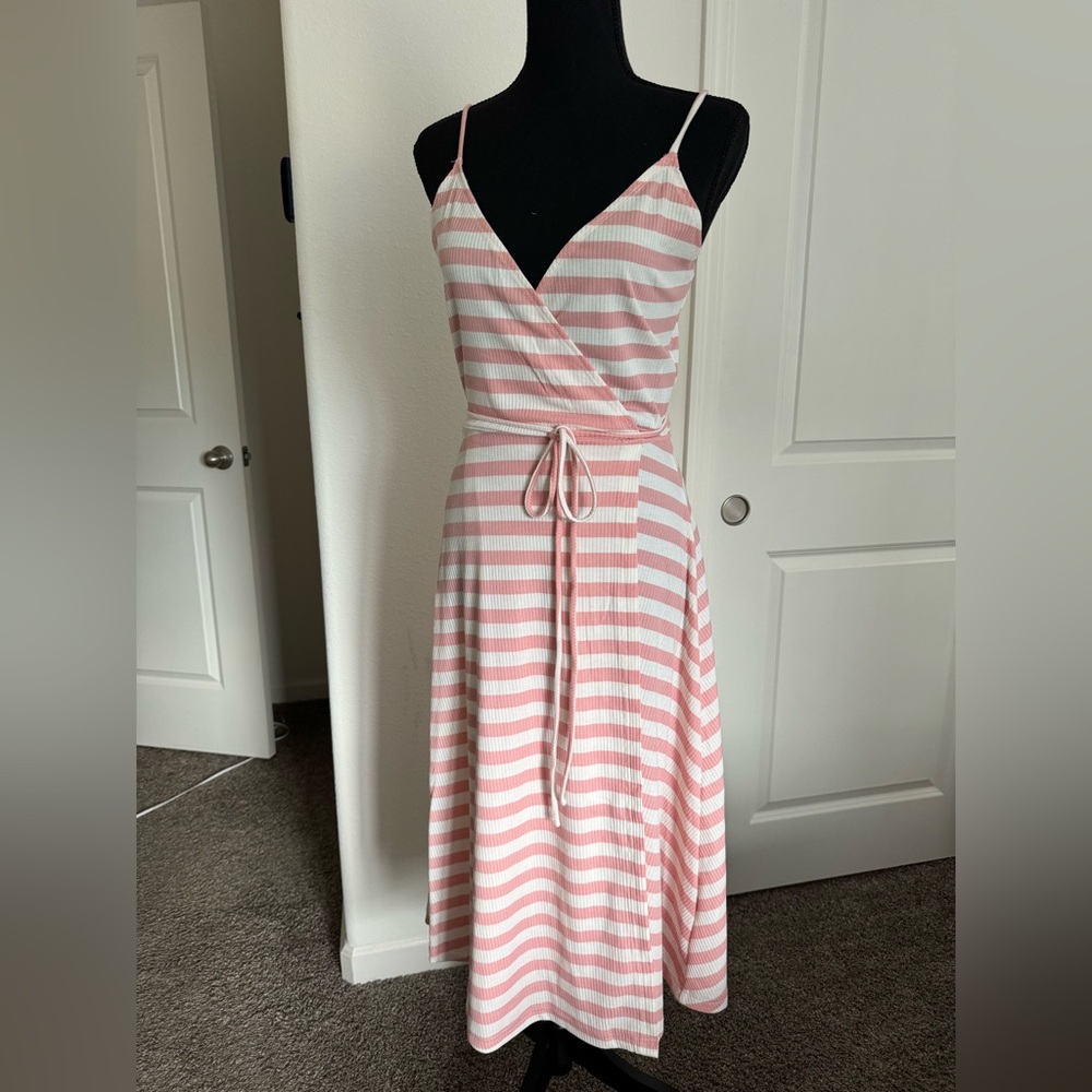 NWT Olivaceous pink and white striped wrap dress
